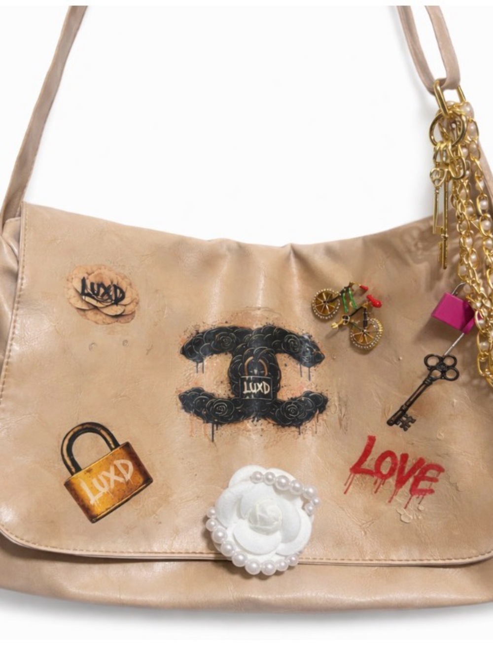 Shoulder Bag with Decorative Charms and Pearl Camellia Handmade Faux leather